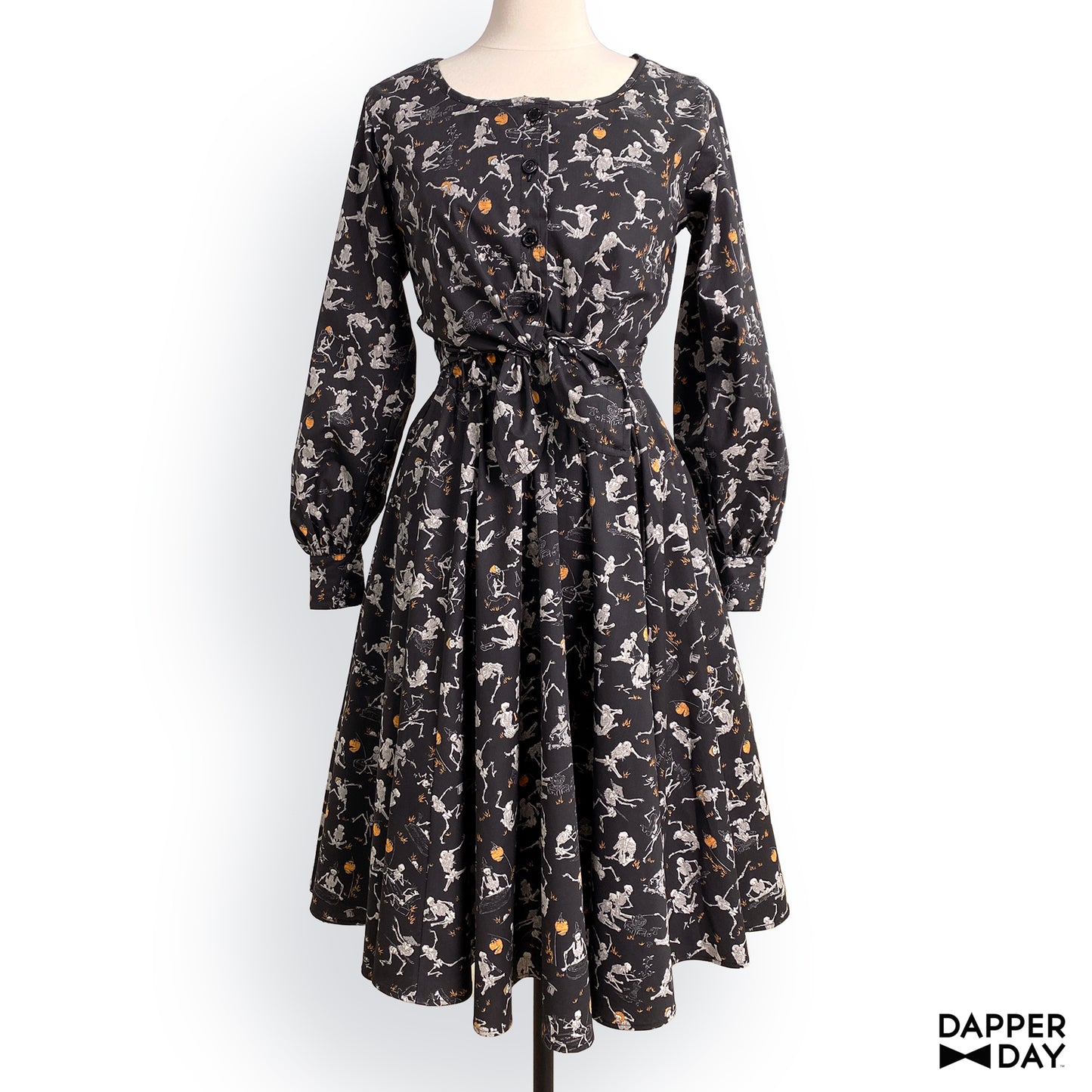 'Kyōsai Skeletons' Cotton Popover Dress (Black) - Final Sale