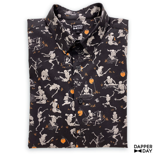 'Kyōsai Skeletons' Cotton Sharp Shirt (Black) - Final Sale