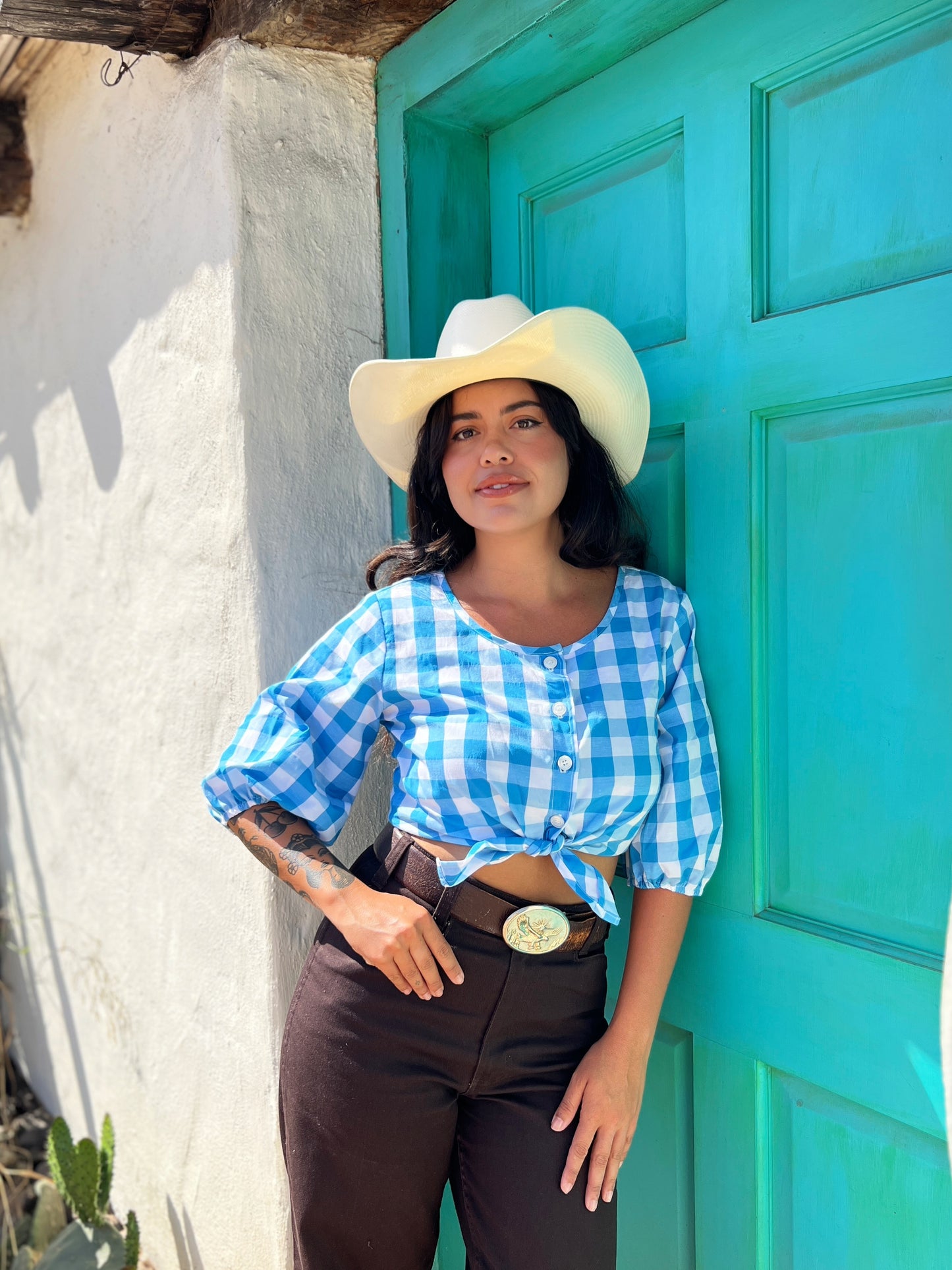 Gingham Meadow Blouse (Sky Blue) - Final Sale