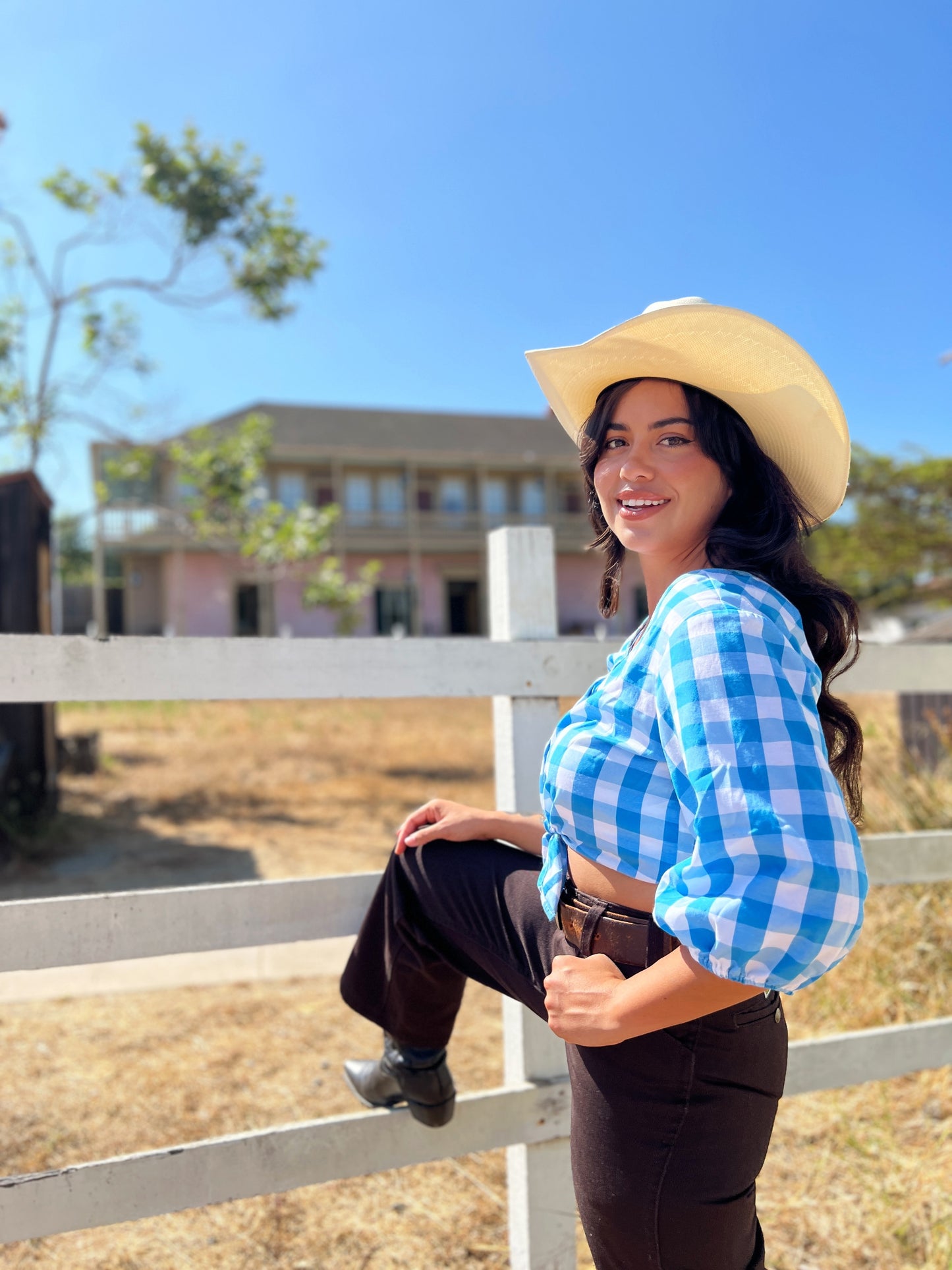 Gingham Meadow Blouse (Sky Blue) - Final Sale