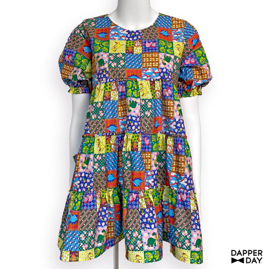 'Prehistoric Patchwork' Prairie Mini Dress in Cotton - Final Sale