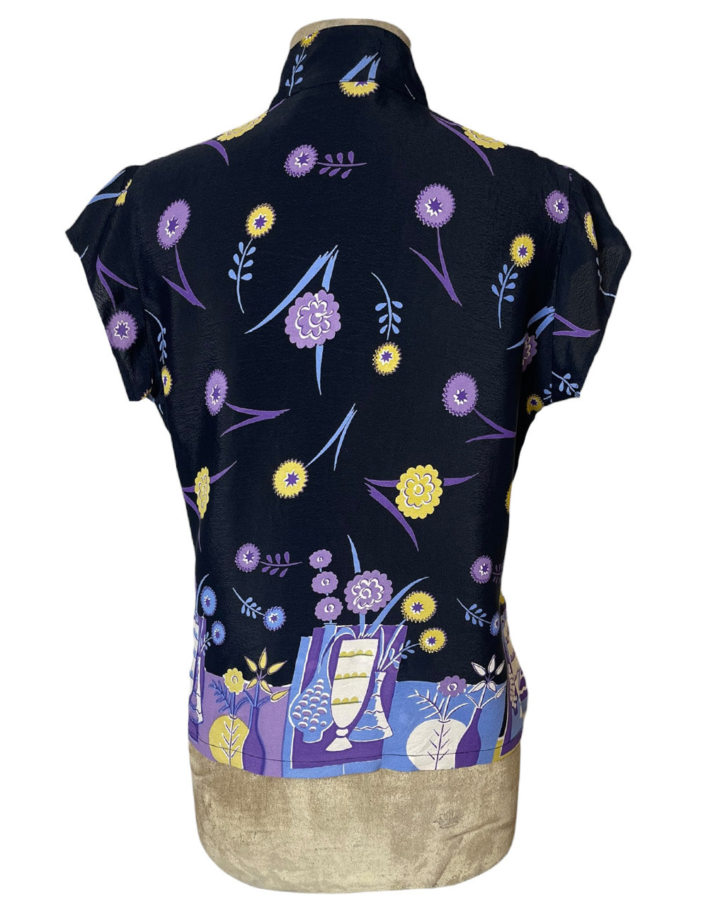 Black & Purple 1940s Floral Vases Border Print Tea Timer Top