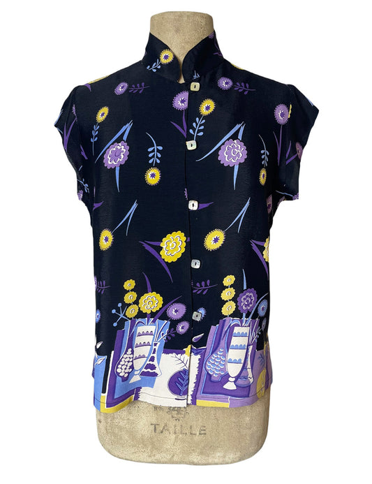 Black & Purple 1940s Floral Vases Border Print Tea Timer Top