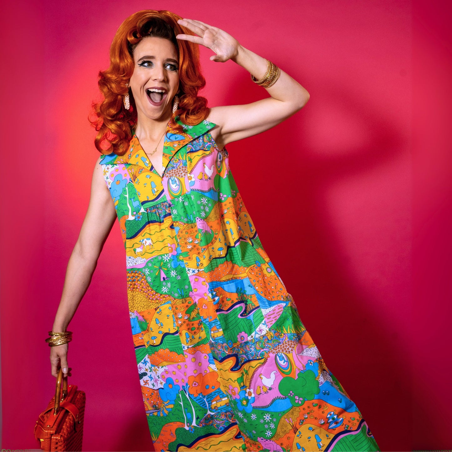 Glam Maxi House Dress in Rainbow Landscape