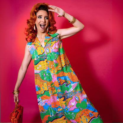 Glam Maxi House Dress in Rainbow Landscape