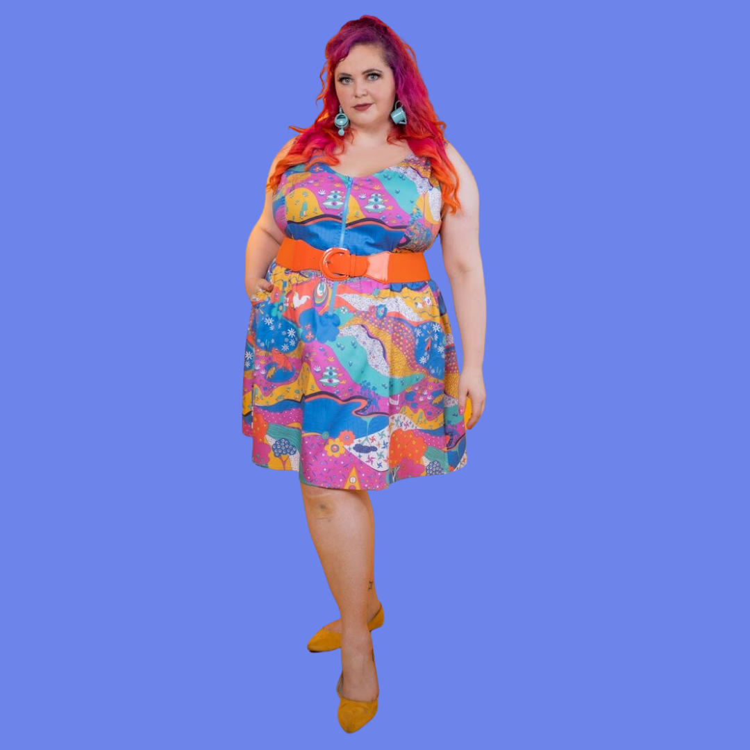 Landscape Print Fit & Flare Midi Dress in Periwinkle