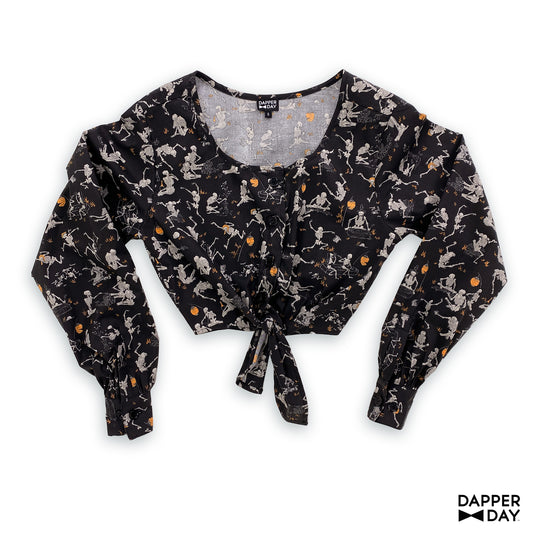 'Kyōsai Skeletons' Meadow Blouse in Cotton (Black) - Final Sale
