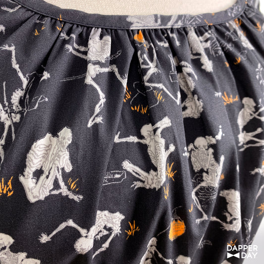 'Kyōsai Skeletons' Cotton Popover Dress (Black) - Final Sale