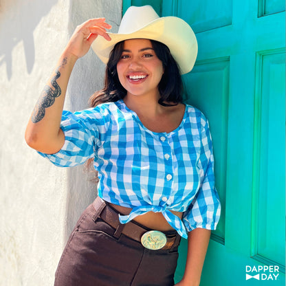 Gingham Meadow Blouse (Sky Blue) - Final Sale