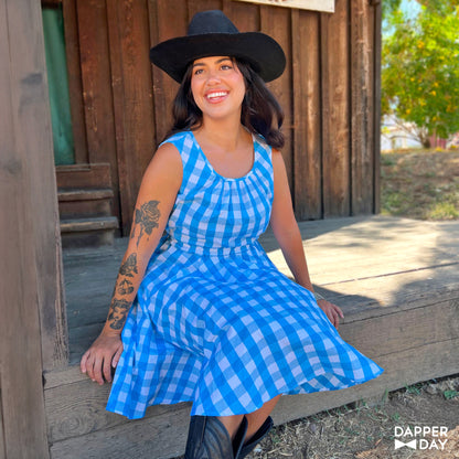 Gingham Popover Mini Dress (Sky Blue) - Final Sale