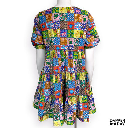 'Prehistoric Patchwork' Prairie Mini Dress in Cotton - Final Sale
