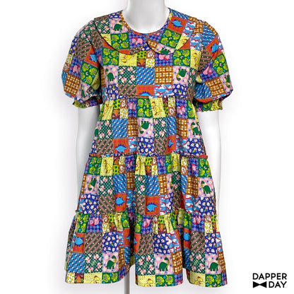 'Prehistoric Patchwork' Prairie Mini Dress in Cotton - Final Sale