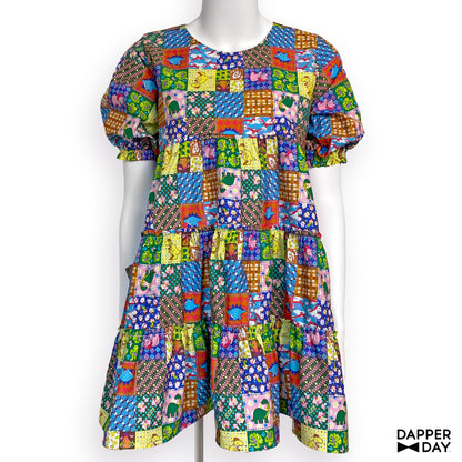 'Prehistoric Patchwork' Prairie Mini Dress in Cotton - Final Sale