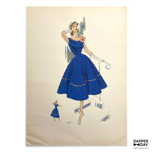 Vintage 1953 Women’s Fashion Sketch Print: Blue Mini Dots