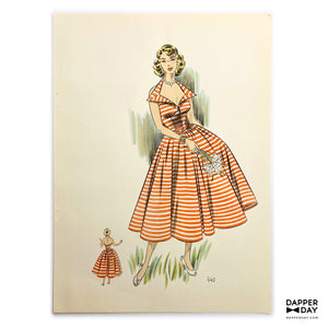 Vintage 1953 Women’s Fashion Sketch Print: Tangerine Stripe Flare