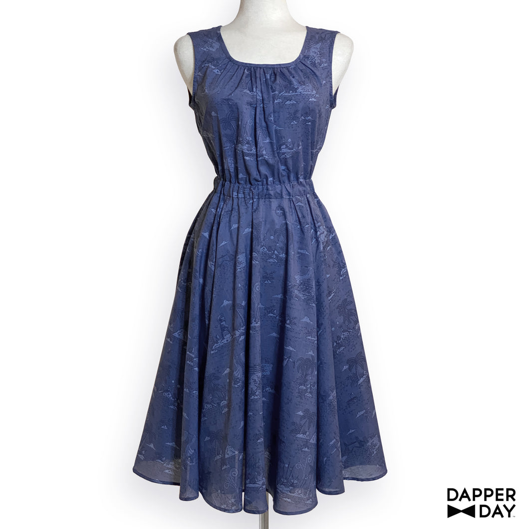 'Neverland Toile' Popover Dress in Blue Cotton